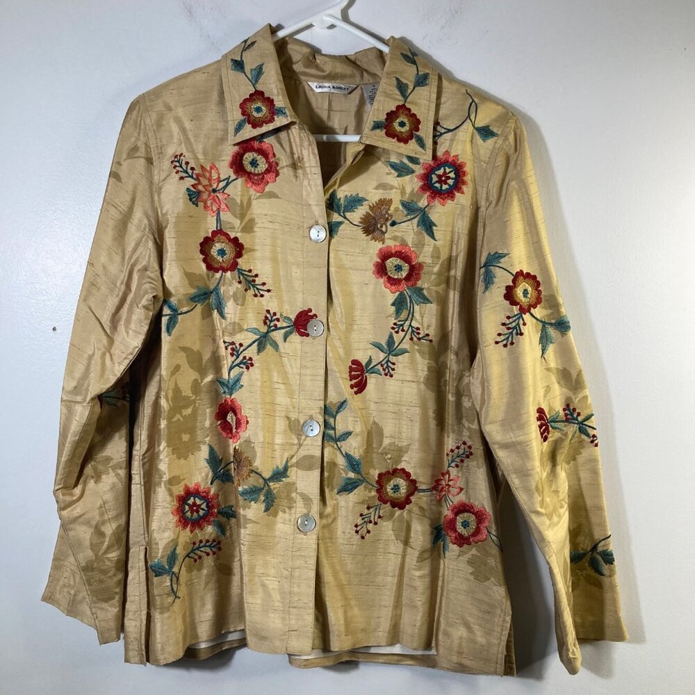 Womens Laura Ashley Slub Silk Lined Embroidered Button Shirt Jacket Floral S Gol